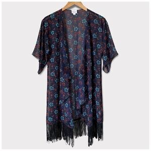 LuLaRoe Monroe Floral Print Sheer Fringe Long Kimono Duster Cardigan Sz S